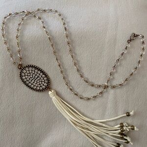 Gold Crystal Oval Pendant Leather Tassel Necklace - Women Jewelry